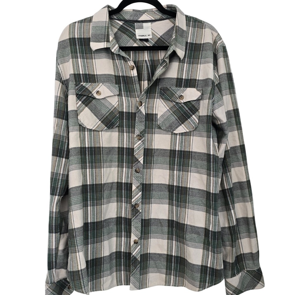 O'Neill Mens Flannel Shirt L Green Plaid Long Sleeve Button Up Casual